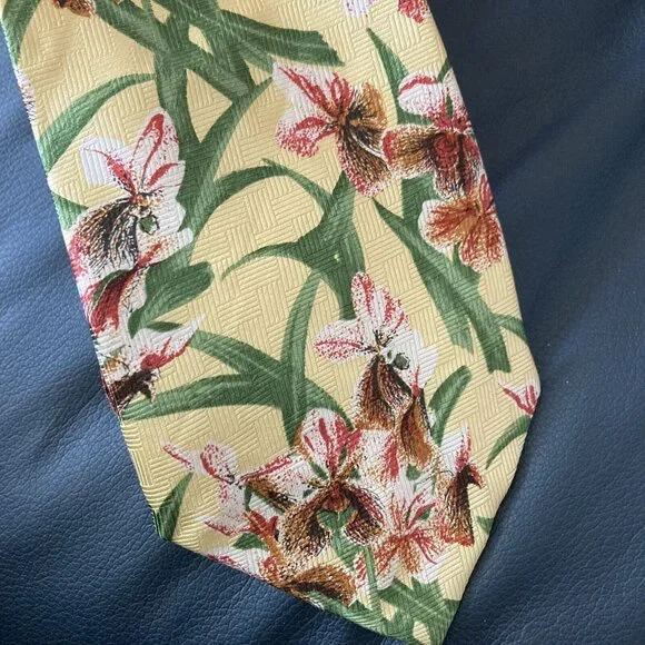 Vintage Floral Print Sopan Silk Tie Handmade Yellow Bird Of Paradise - Picture 2 of 7